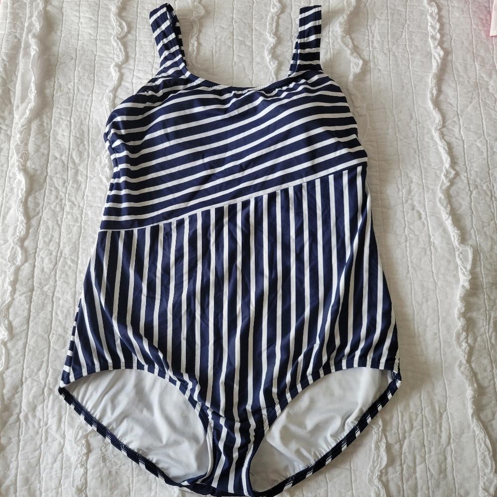 Lands' End Navy & White Striped One Piece Swimsuit 18 NWOT High Back